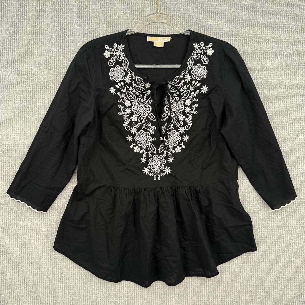 Michael Kors Embroidered Peplum Top Tie‎ Neck 3/4 Sleeve Blouse Size L